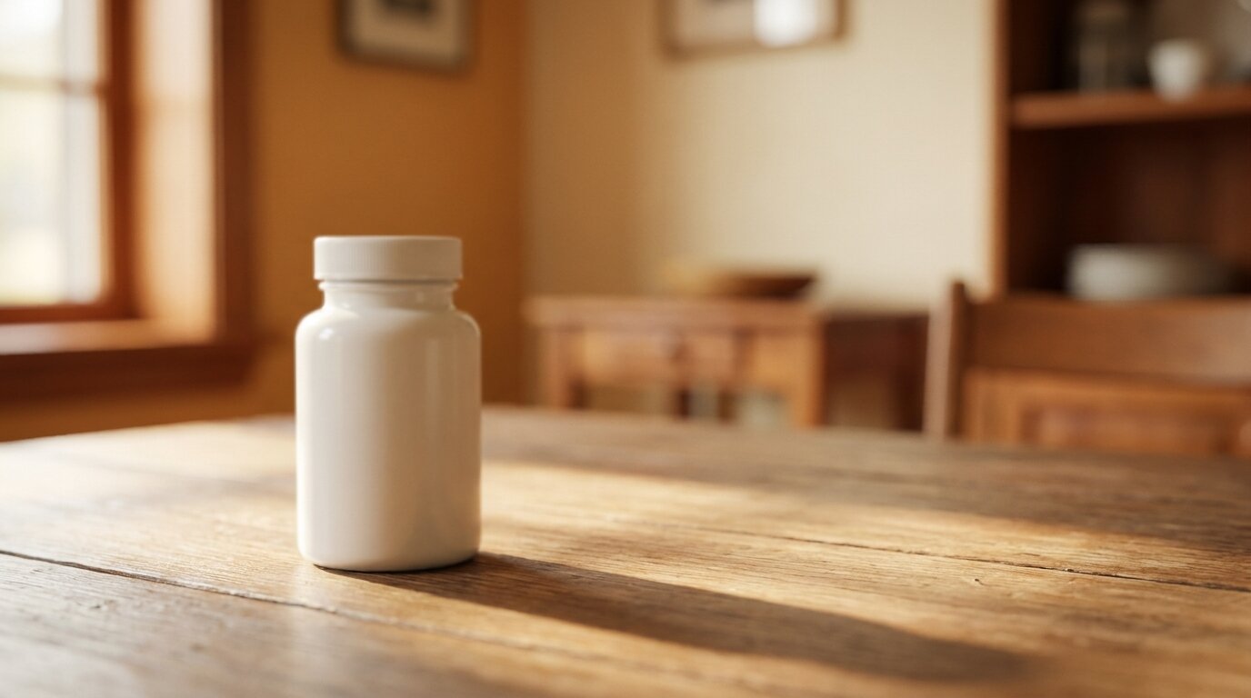 Unlabelled prescription pill bottle in warm window light — illustrating prescription opioids and the shift toward illicit fentanyl contamination
