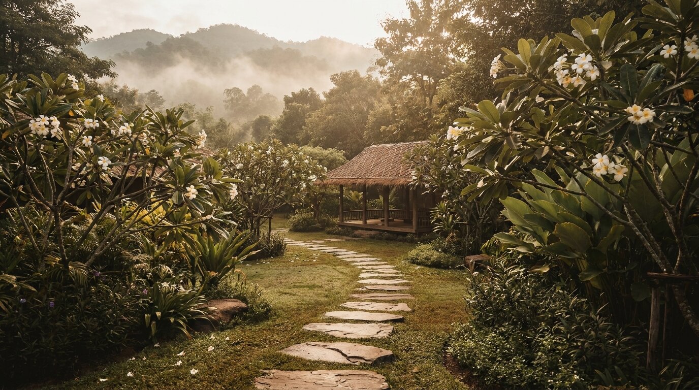 Tropical garden path at a Chiang Mai residential rehab — peaceful outdoor setting for opioid dependence treatment