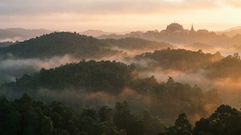 Misty mountain landscape in Northern Thailand at dawn, evoking recovery from opioid and benzodiazepine dependence