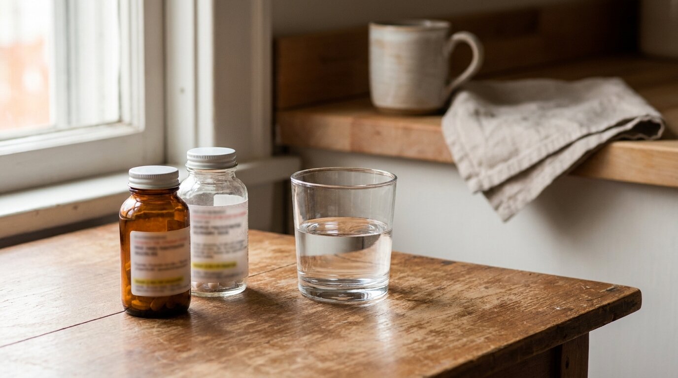 Two prescription medication bottles next to a glass of water, illustrating the opioid plus benzodiazepine prescription landmine