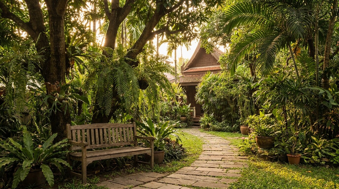 Peaceful garden bench in a Chiang Mai residential rehab setting, illustrating where opioid and benzodiazepine recovery happens