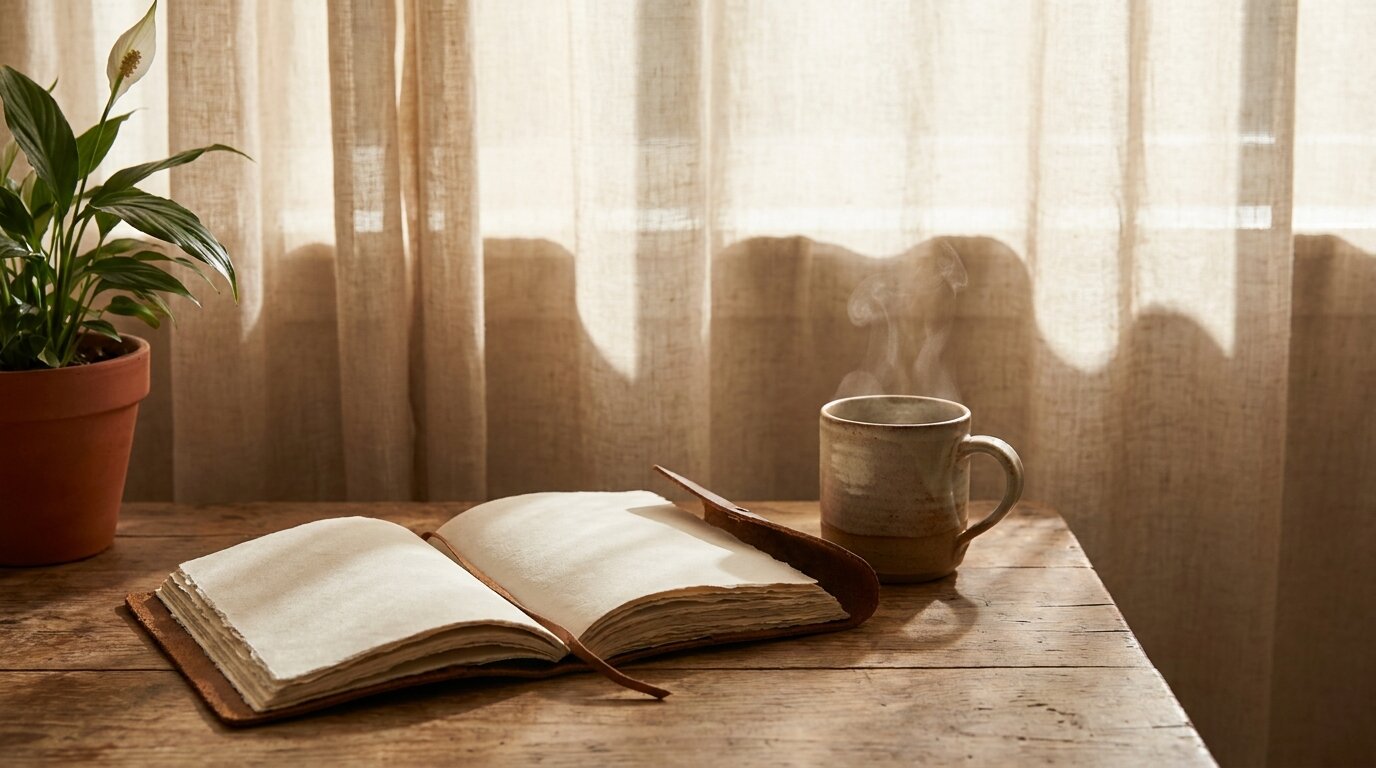 Open notebook and tea on a wooden desk, representing the slow patience of a benzodiazepine taper