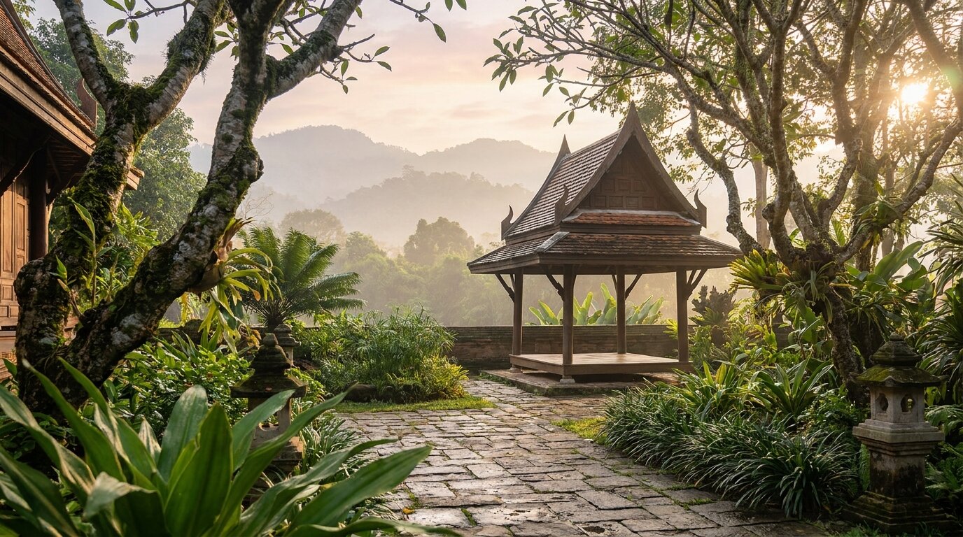 A peaceful Thai temple courtyard at dawn representing the environment break residential alcohol rehab provides