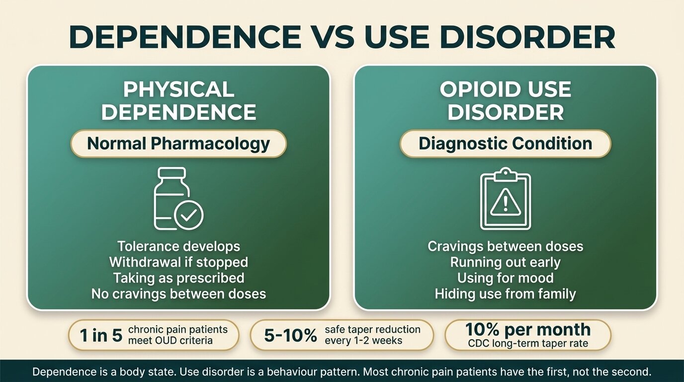 Infographic comparing physical dependence and opioid use disorder for prescription opioids in chronic pain