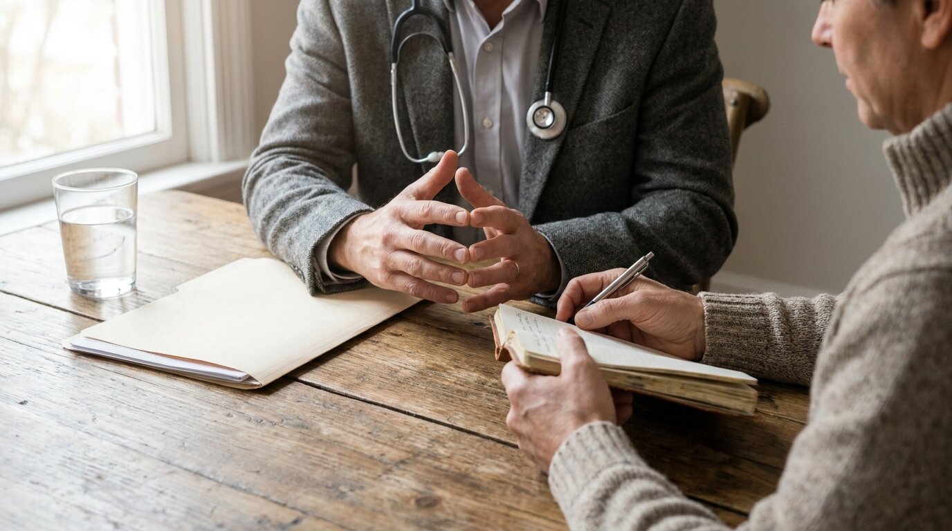 Doctor and patient hands at a wooden table during a calm conversation about reducing prescription opioid dose