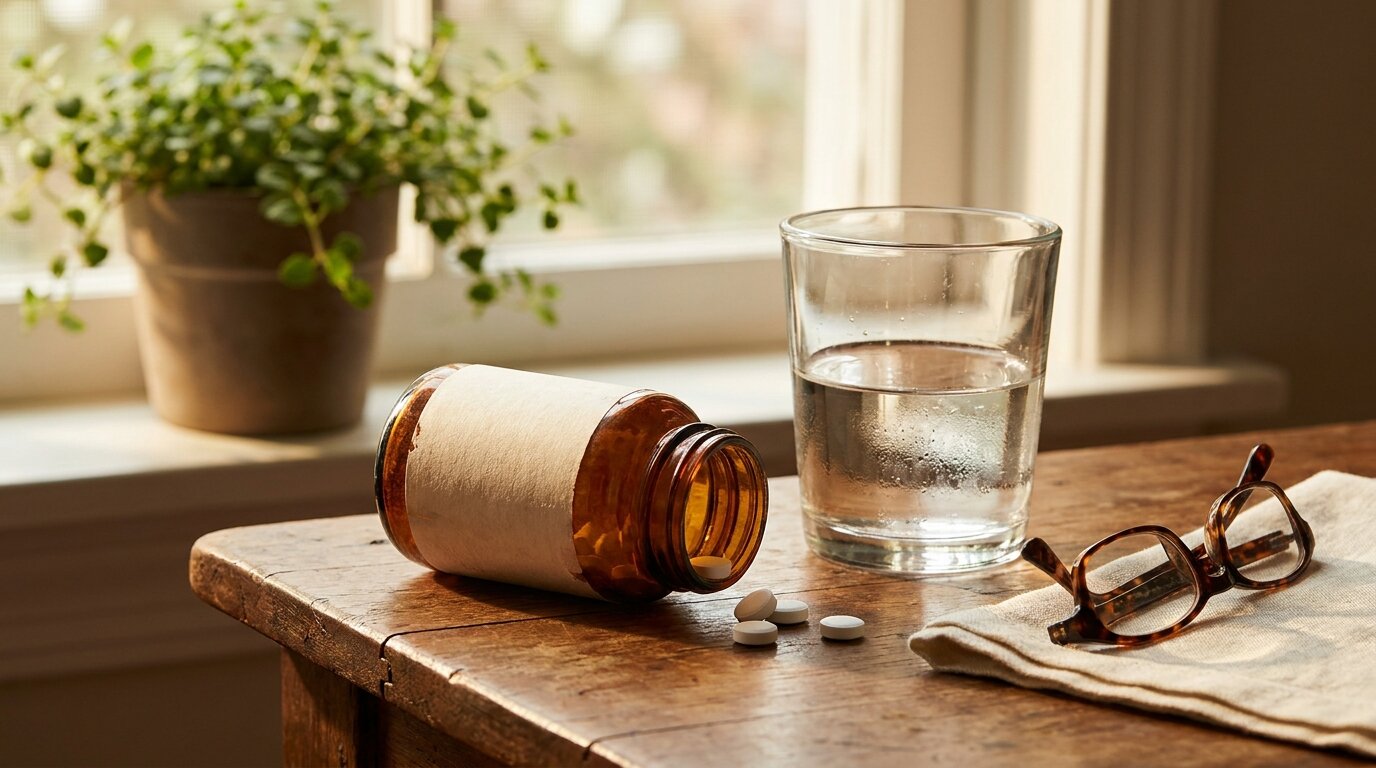 Open prescription pill bottle and a glass of water on a wooden table illustrating long-term prescription opioid use for chronic pain