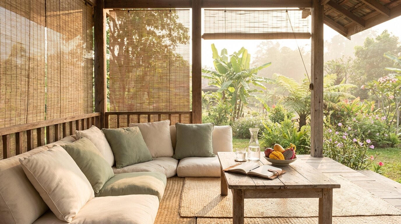Quiet outdoor therapy pavilion with cushioned seating in lush Northern Thai garden for residential treatment of chronic pain and prescription opioid dependence