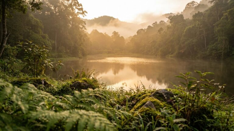 Quiet misty mountain valley at dawn in northern Thailand representing safety and renewal in PTSD and addiction recovery