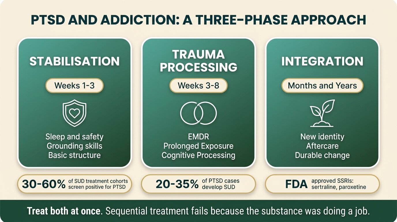 Infographic showing the three phases of integrated PTSD and addiction treatment: stabilisation, trauma processing, and integration