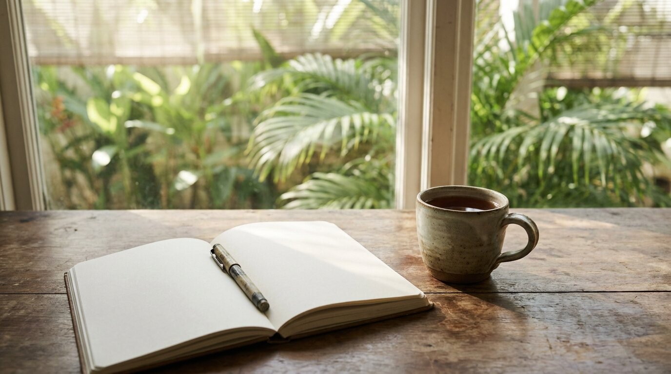 Open journal and cup of tea on a wooden table by a window representing the integration phase of PTSD and addiction recovery — rebuilding identity beyond trauma