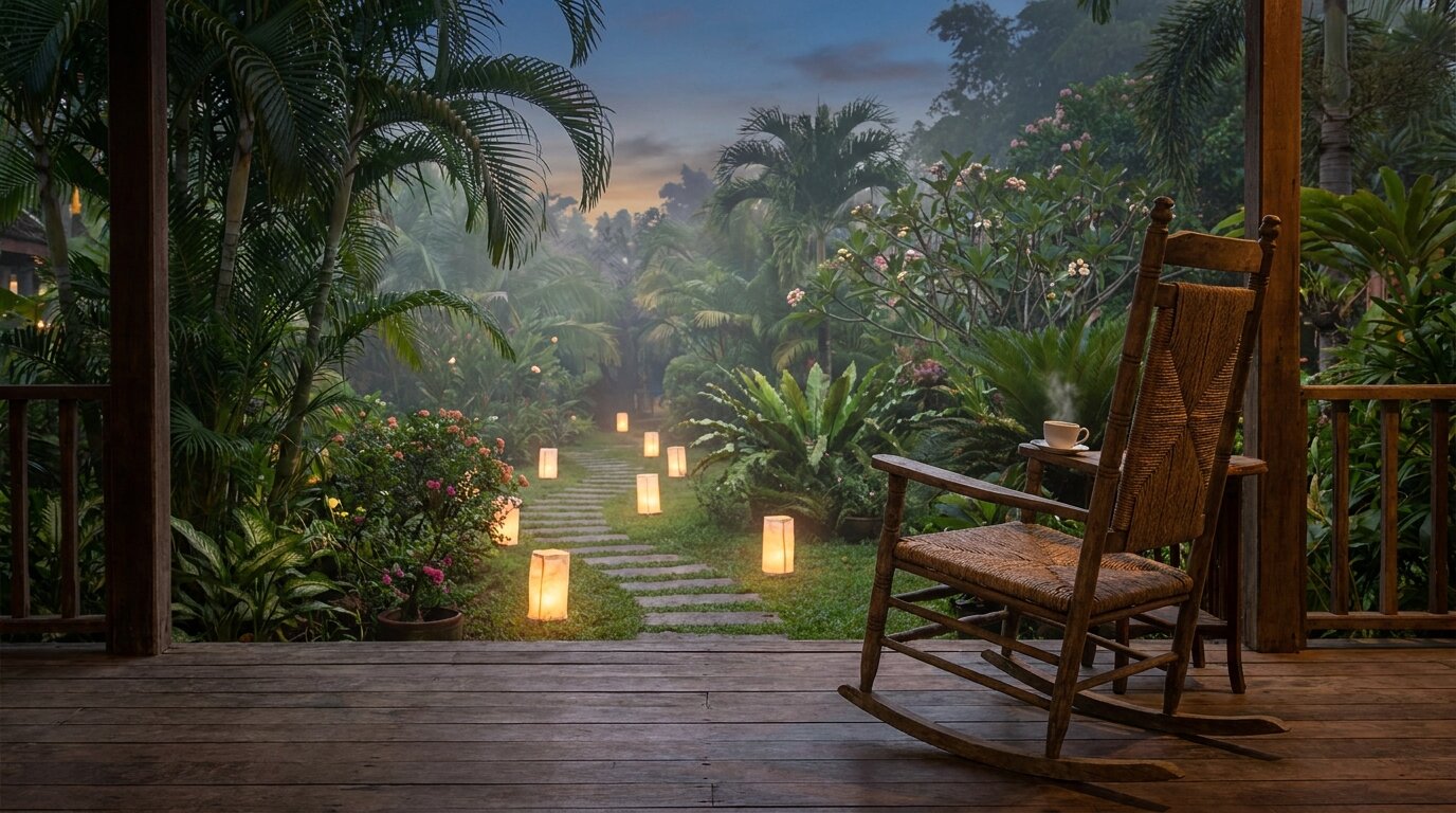 Empty rocking chair on a quiet wooden veranda at twilight representing the stillness and stabilisation phase of PTSD recovery