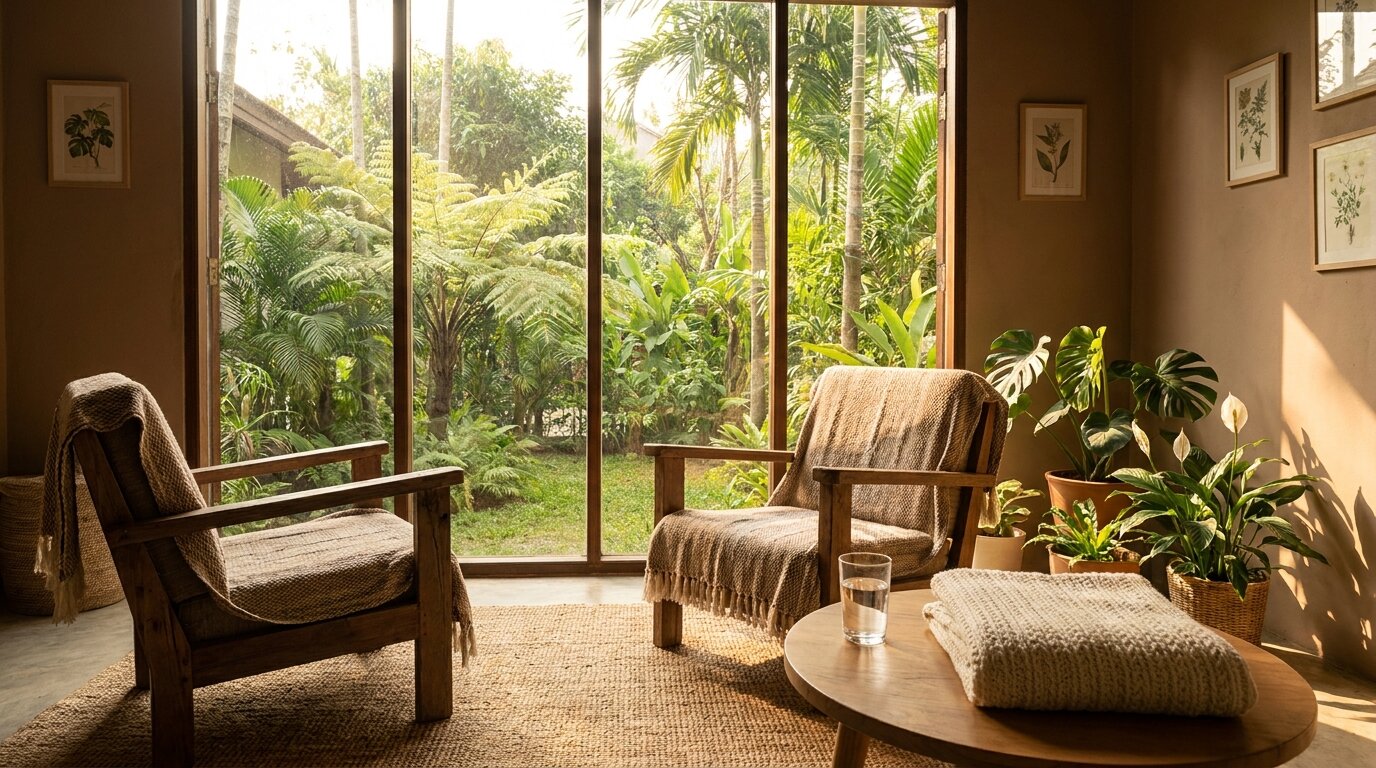 Two empty wooden chairs facing each other in a warm naturally lit therapy room representing a safe setting for trauma-informed PTSD and addiction treatment