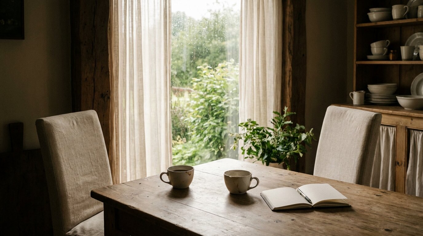 Two empty chairs and coffee cups at a kitchen table, scene-setting for a difficult conversation with a loved one who refuses rehab