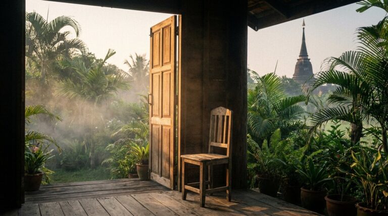 Open door on a Thai house verandah at dawn, symbolic of staying available when a loved one refuses rehab