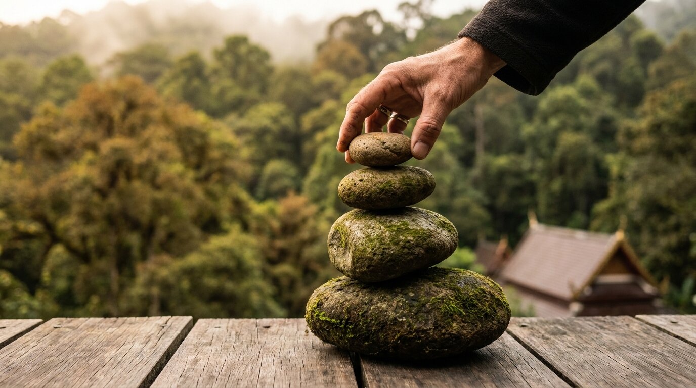 Hand placing a stone on a balanced stack, symbolic of stating clear limits with a loved one who refuses rehab