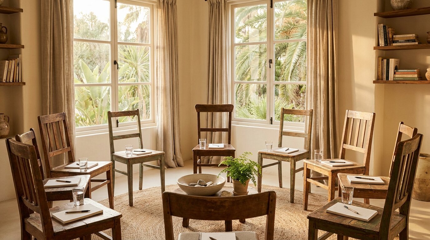 Empty circle of chairs in a sunlit room, representing Al-Anon and family support groups for those whose loved one refuses rehab