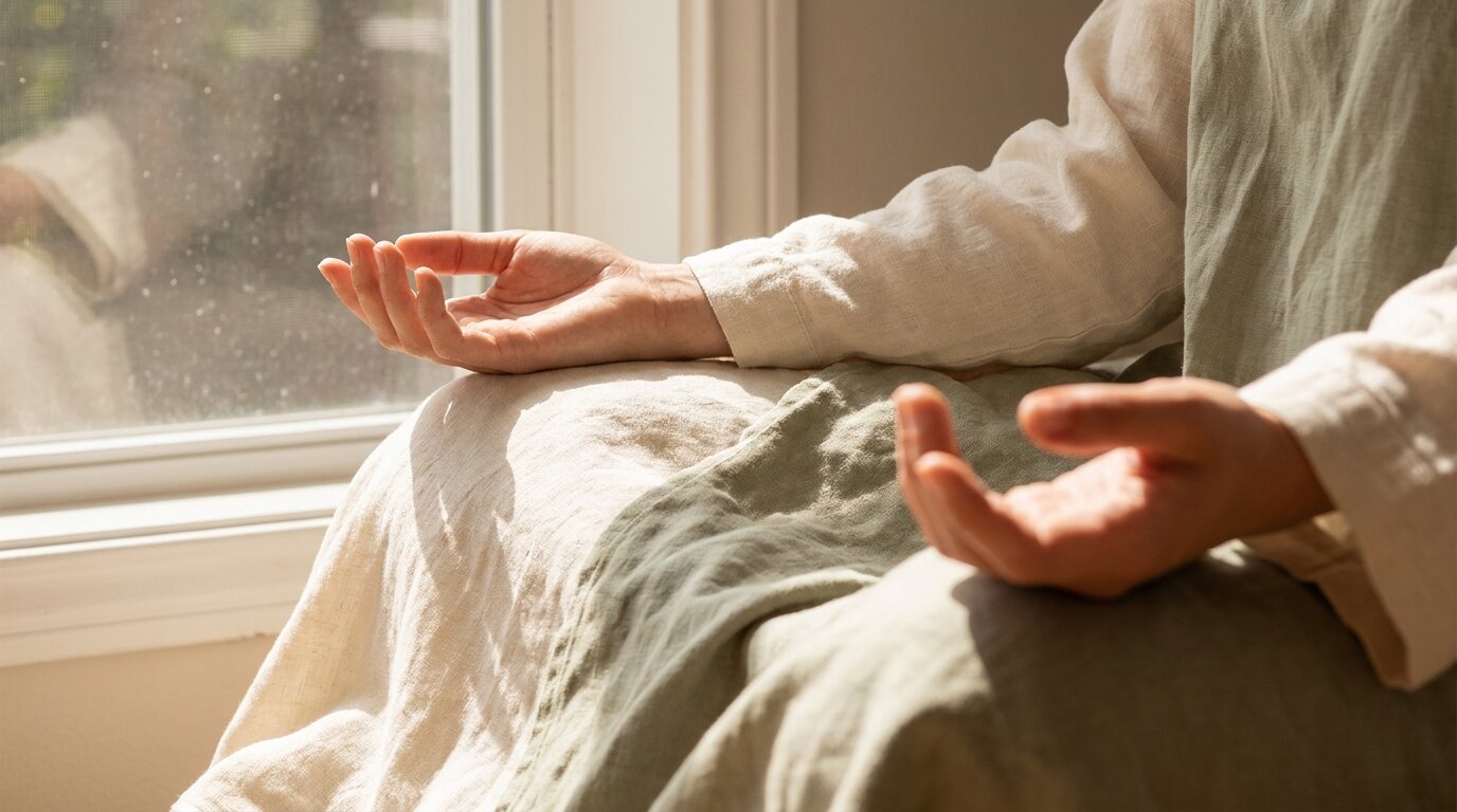 Hands resting in meditation posture showing body anchoring during urge surfing