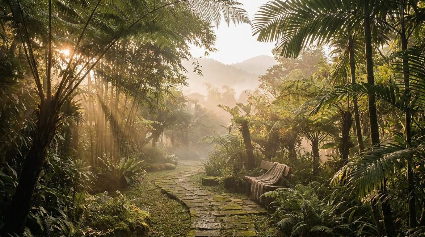 Quiet garden pathway in Chiang Mai where One Step clients practise mindfulness skills