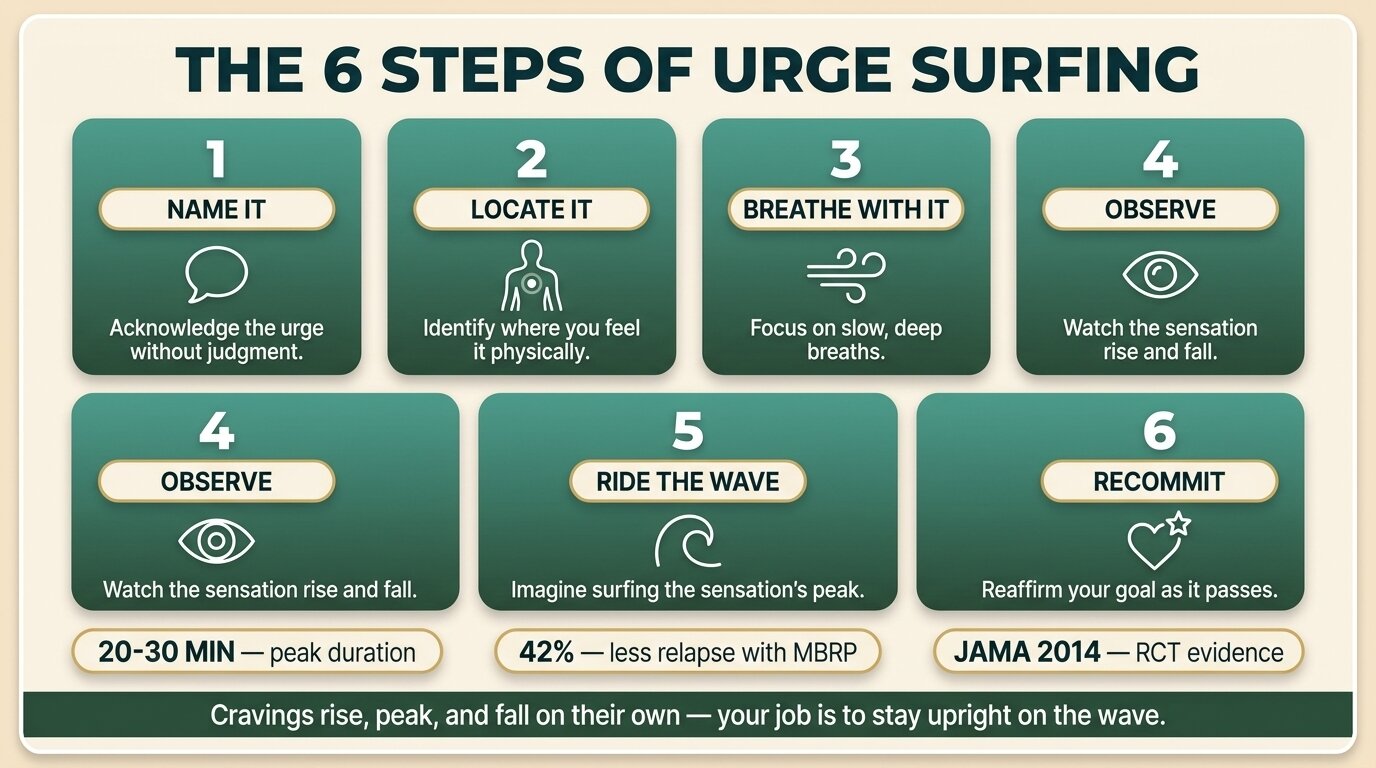 Infographic showing the 6 steps of urge surfing for addiction cravings