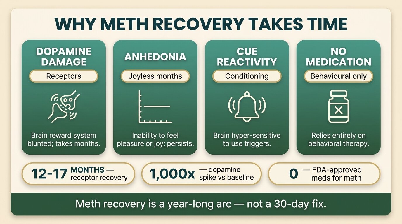 Why meth addiction is so hard to overcome — infographic showing dopamine damage, anhedonia, cue reactivity, and no FDA-approved medications