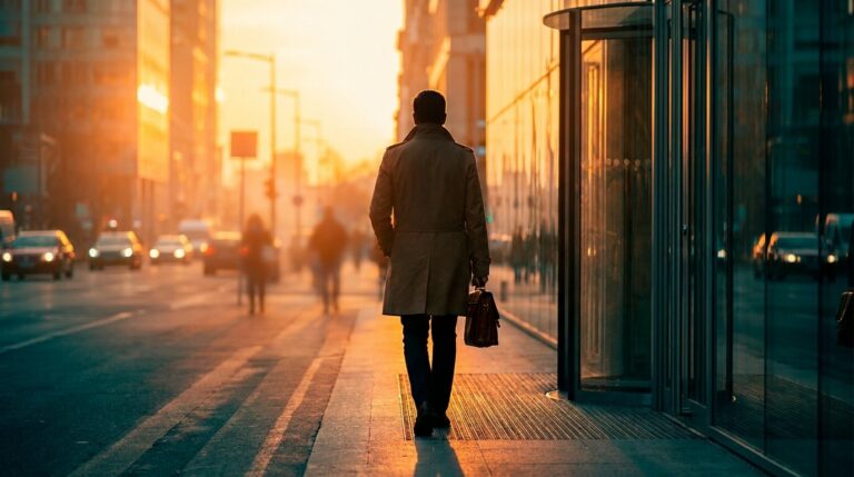 Professional leaving office at sunset symbolising work and outpatient rehab balance