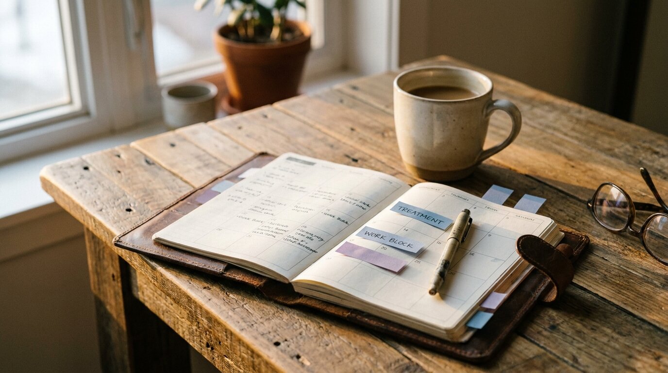 Calendar planner showing outpatient rehab sessions scheduled around work hours
