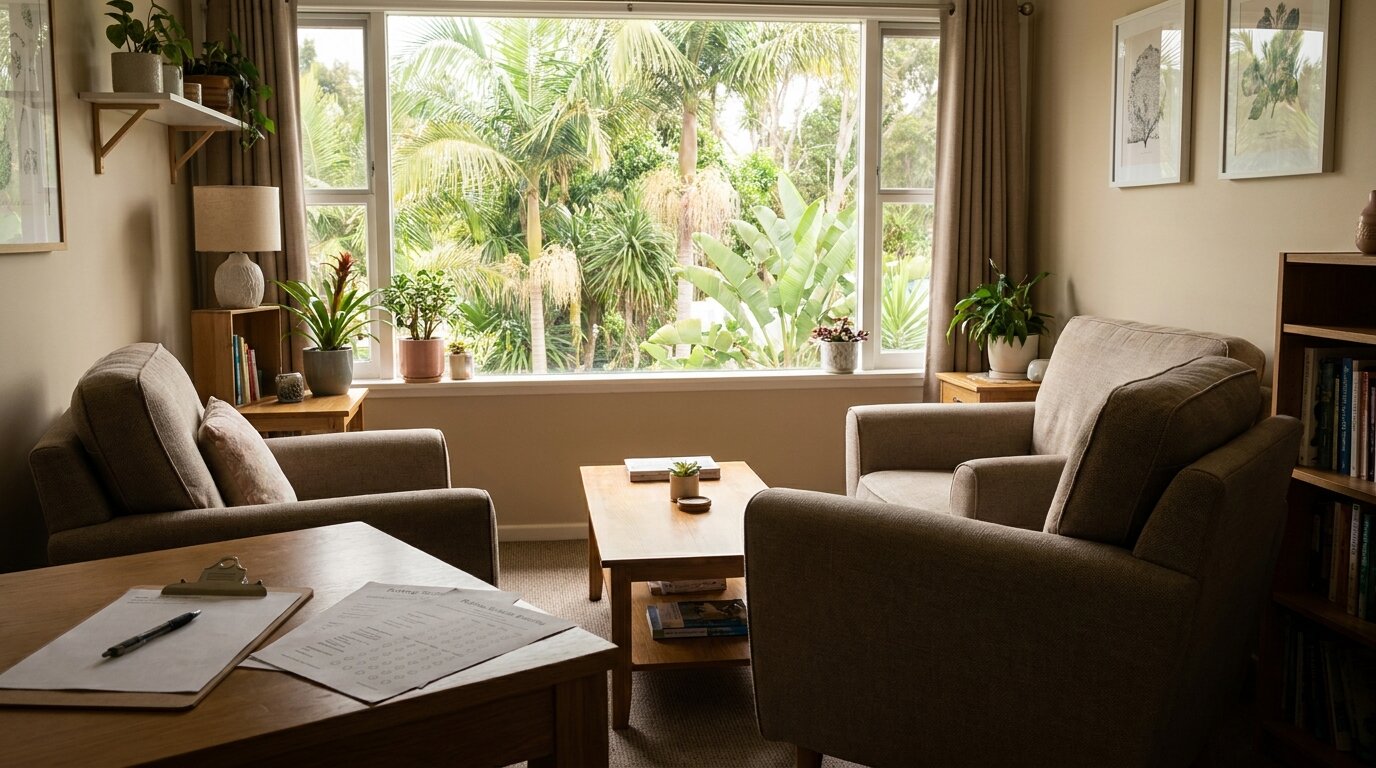 Calm assessment room representing careful ADHD diagnosis during addiction treatment