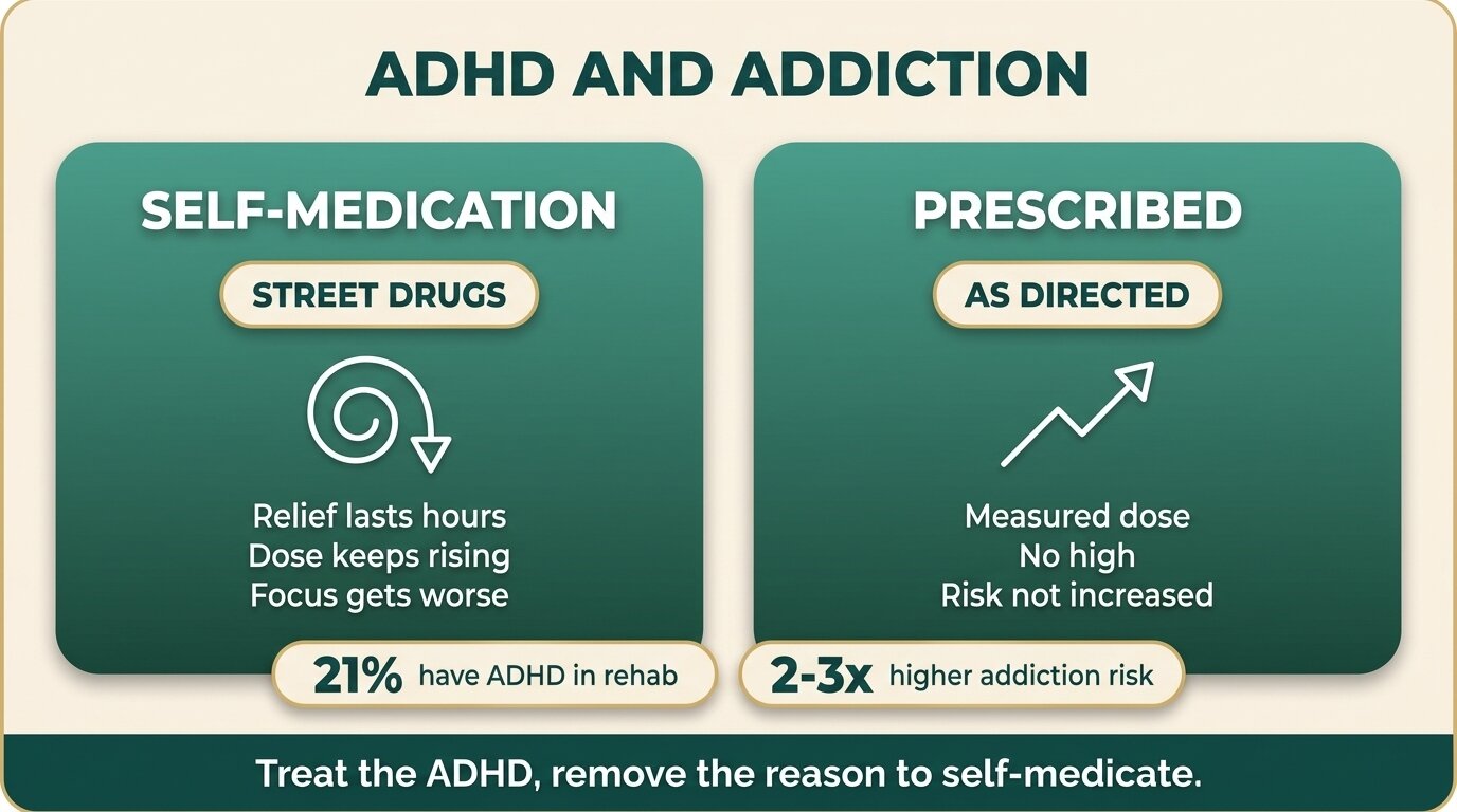 Infographic comparing ADHD self-medication with street drugs versus prescribed medication