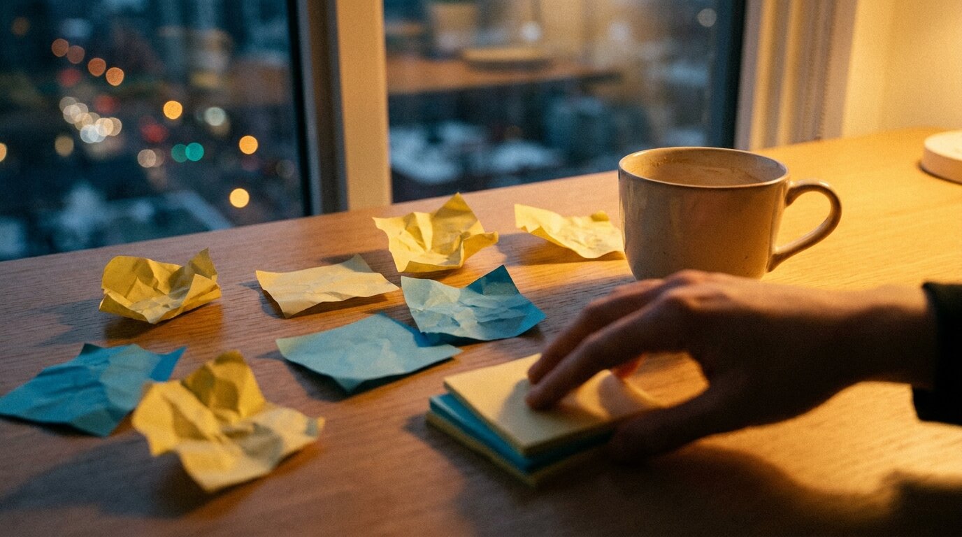 Desk with scattered notes representing the restless ADHD mind that drives self-medication