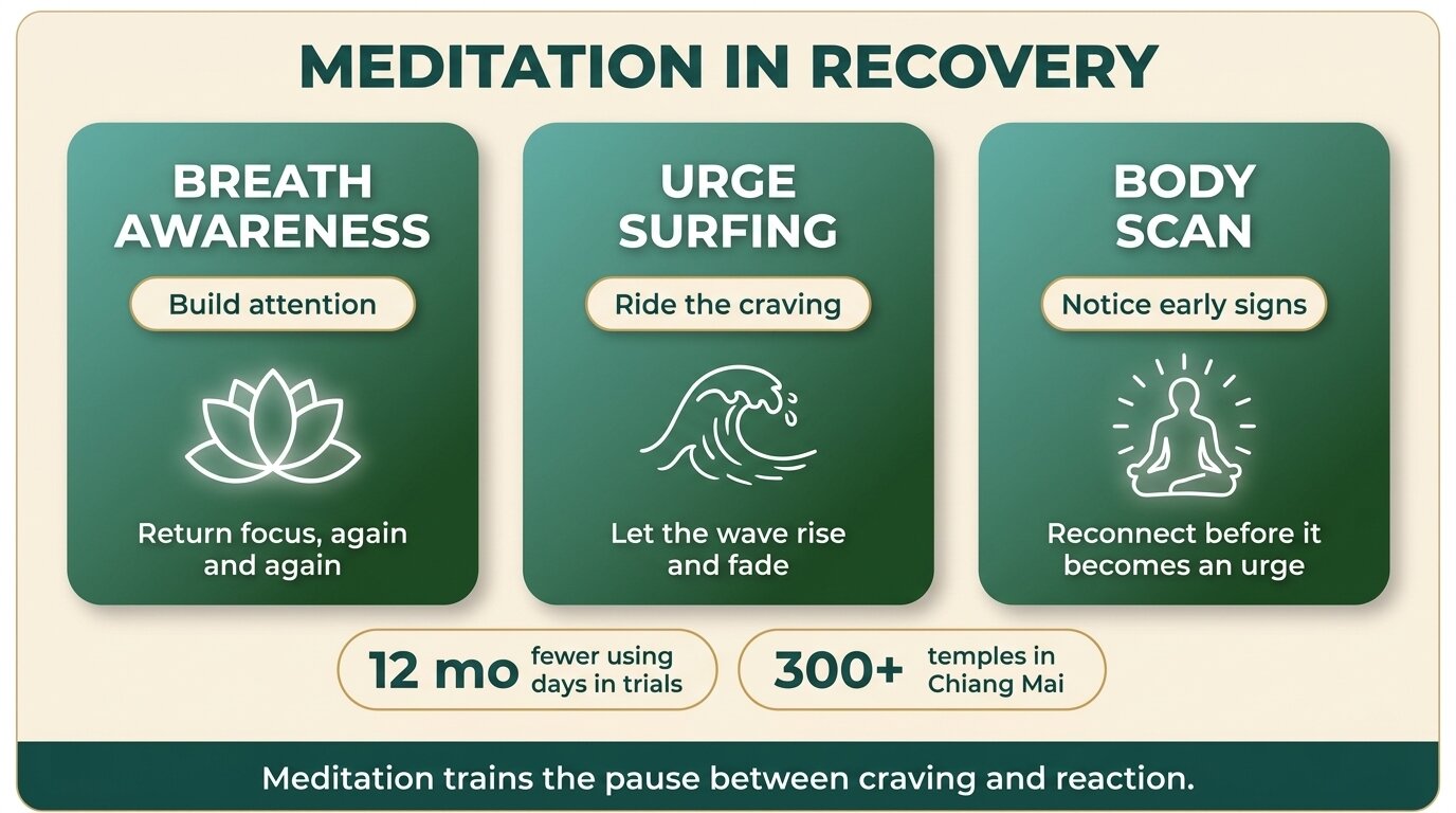 Infographic showing breath awareness, urge surfing and body scan techniques for addiction recovery