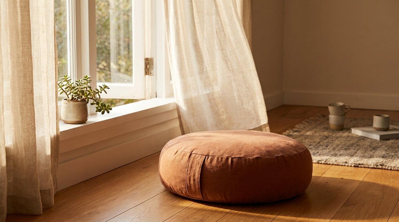 Meditation cushion in warm morning light for breath awareness practice