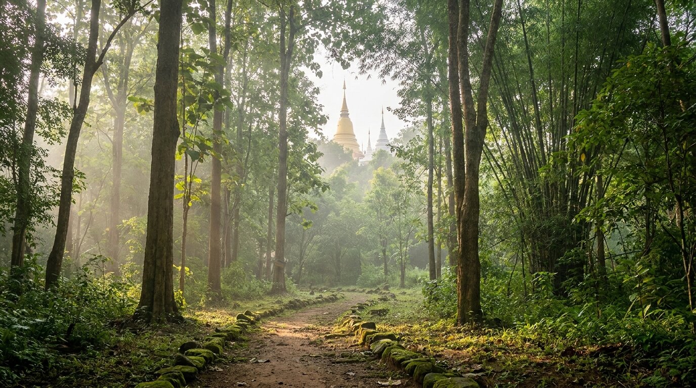 Forest monastery path near a Chiang Mai temple used for meditation-based recovery