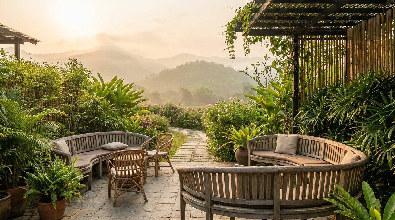 Tranquil garden terrace with mountain views at a Chiang Mai recovery programme