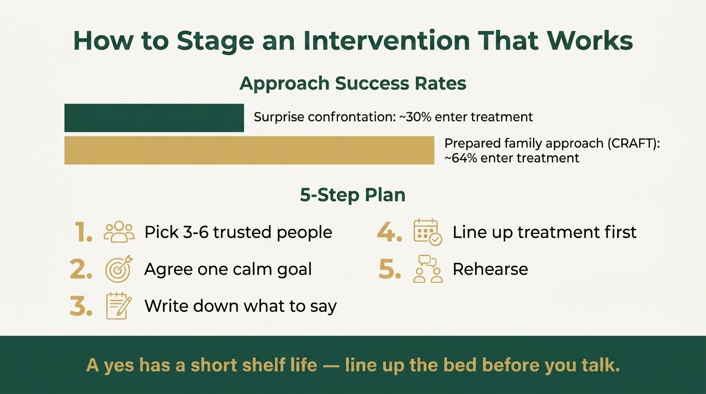 Infographic showing how to do an intervention: success rates and a five-step plan