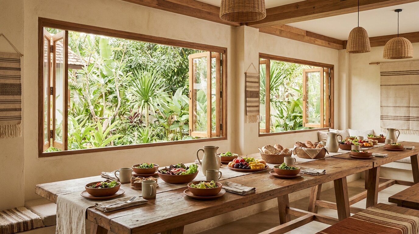 Calm communal dining space supporting nutrition during detox