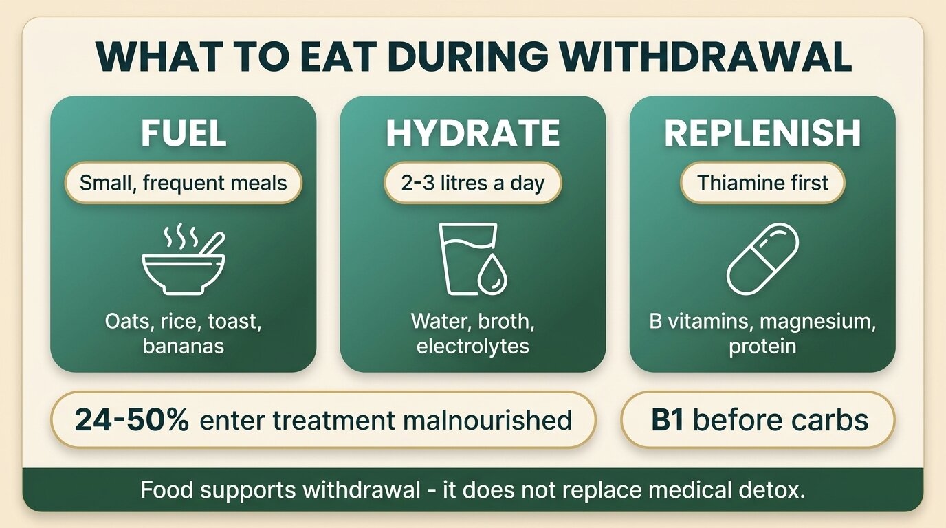 Infographic on nutrition during withdrawal: fuel, hydrate, replenish